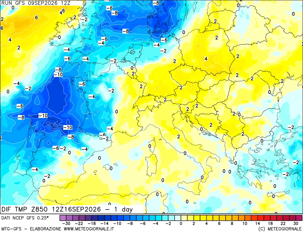 mappa 850 hPA Dif. Temp -24 ore