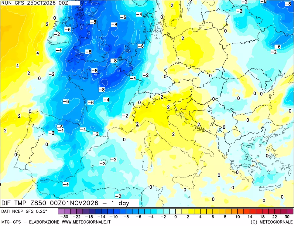 mappa 850 hPA Dif. Temp -24 ore