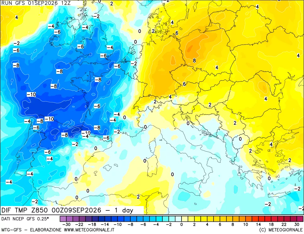 mappa Dif. Temp a 850 hPa Valid - 1 day