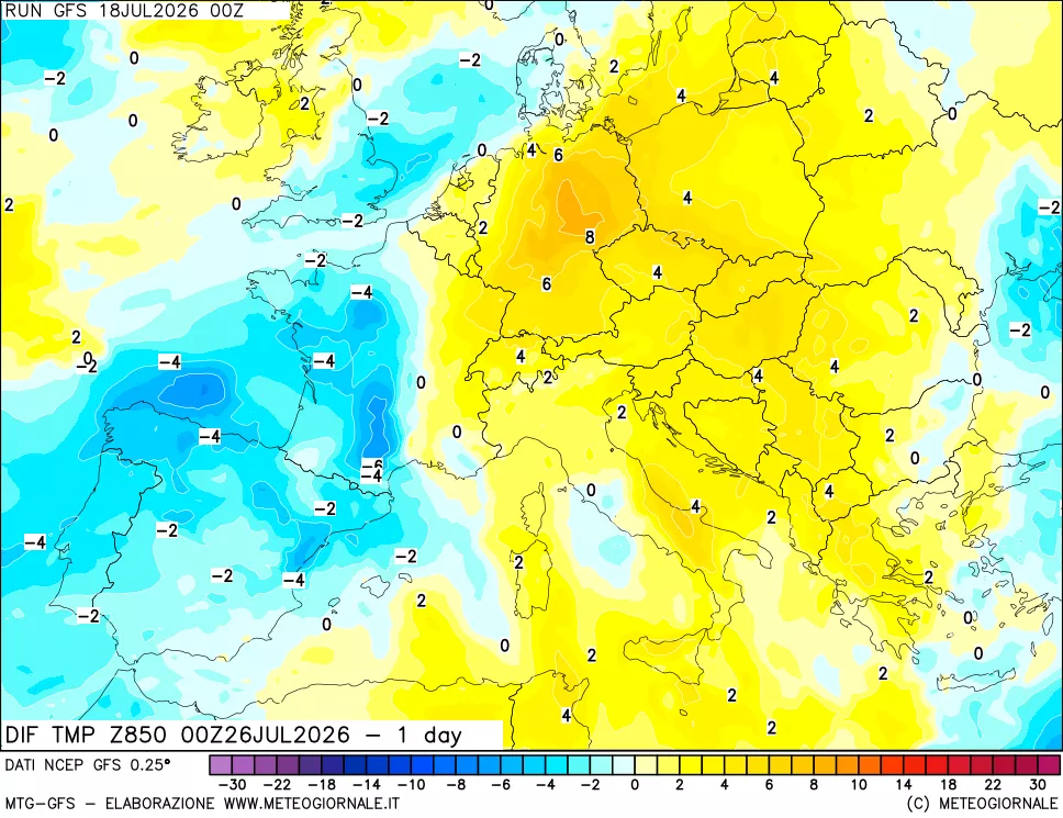 mappa 850 hPA Dif. Temp -24 ore
