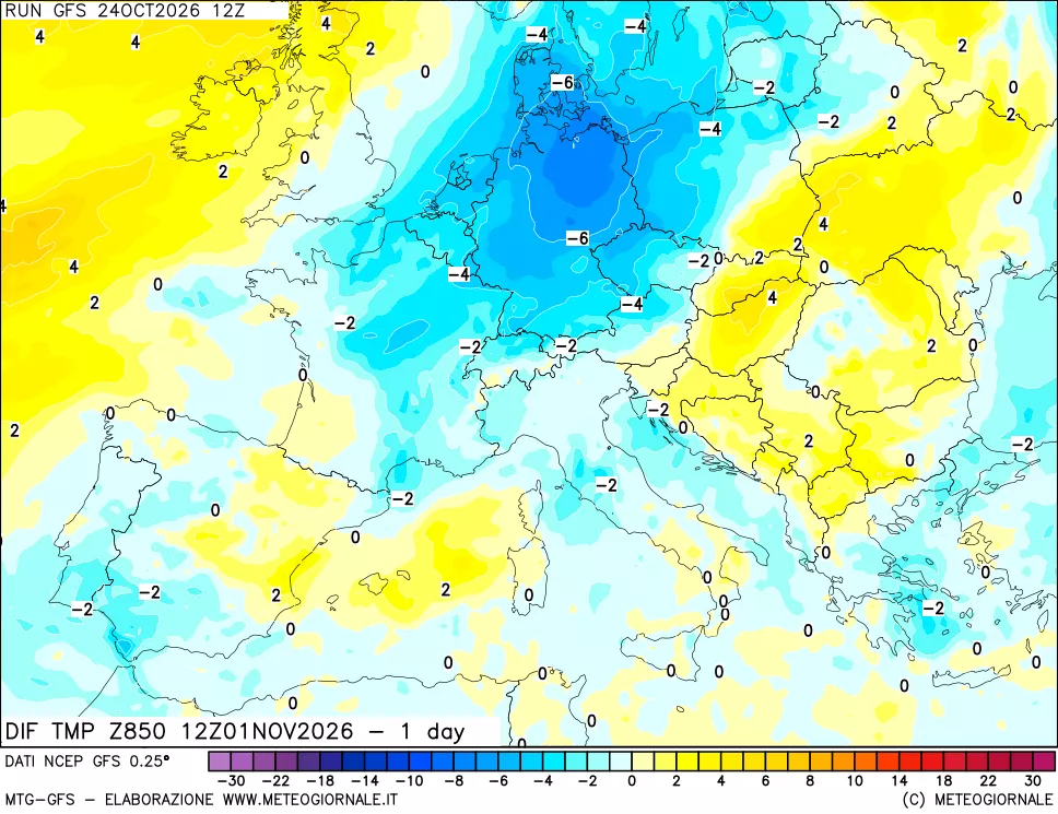 mappa 850 hPA Dif. Temp -24 ore