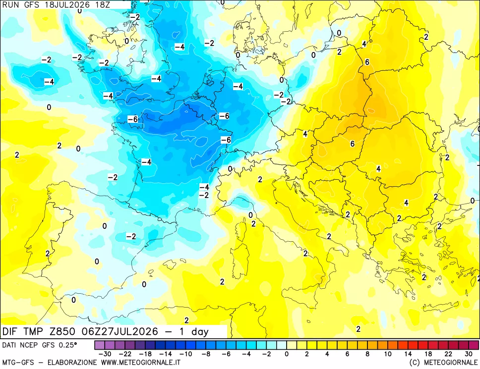 mappa Dif. Temp a 850 hPa Valid - 1 day