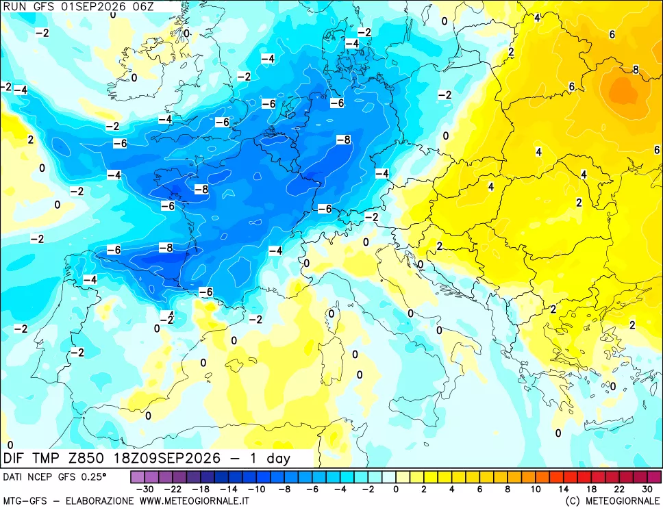 mappa 850 hPA Dif. Temp -24 ore