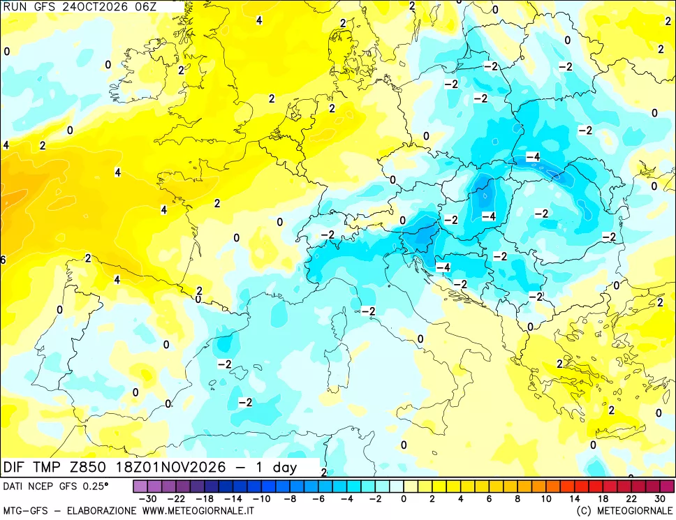 mappa Dif. Temp a 850 hPa Valid - 1 day