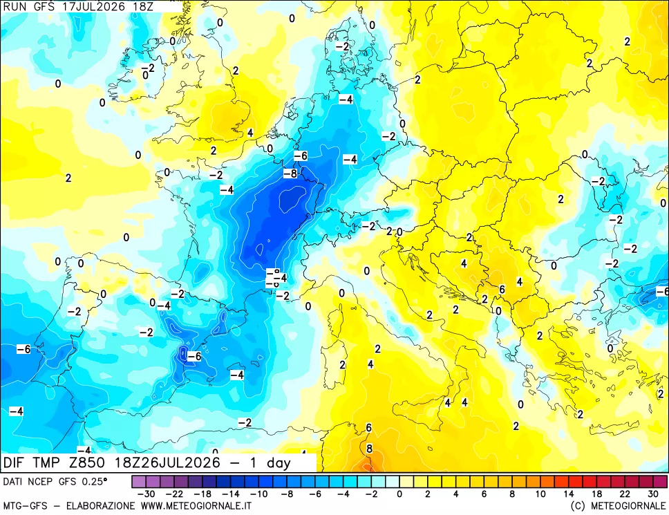 mappa Dif. Temp a 850 hPa Valid - 1 day