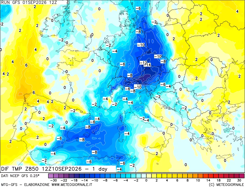 mappa 850 hPA Dif. Temp -24 ore
