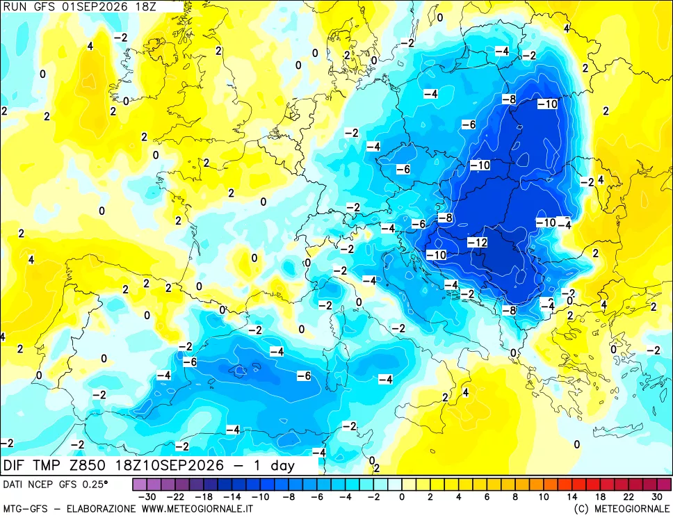 mappa Dif. Temp a 850 hPa Valid - 1 day