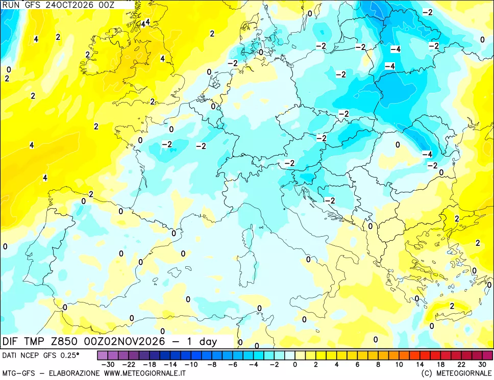 mappa Dif. Temp a 850 hPa Valid - 1 day