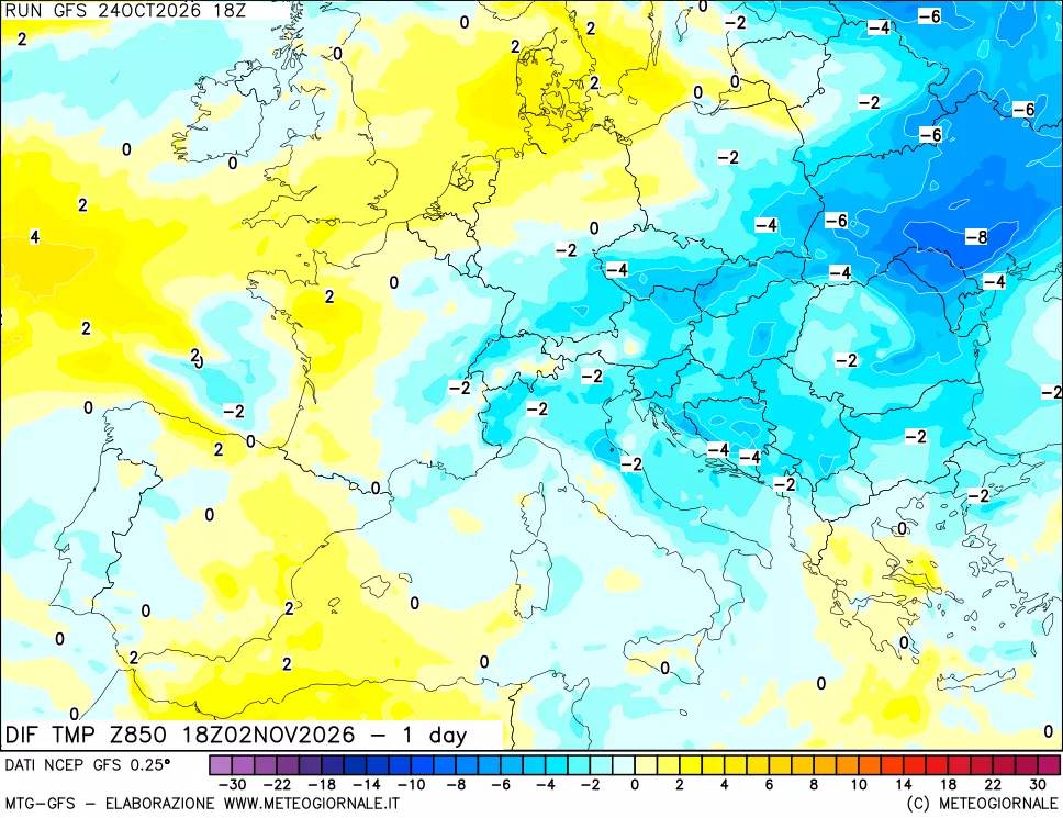 mappa 850 hPA Dif. Temp -24 ore