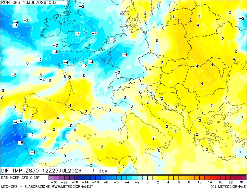 mappa 850 hPA Dif. Temp -24 ore