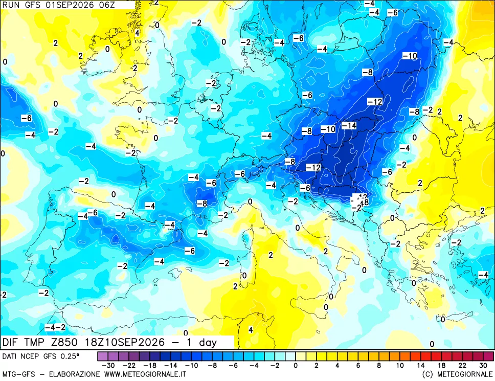 mappa Dif. Temp a 850 hPa Valid - 1 day