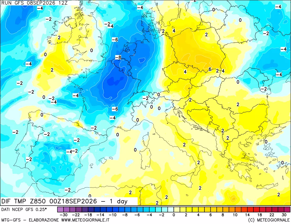 mappa Dif. Temp a 850 hPa Valid - 1 day