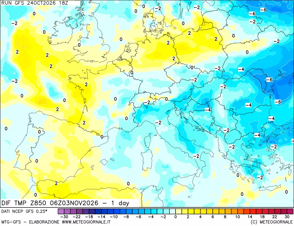 mappa 850 hPA Dif. Temp -24 ore
