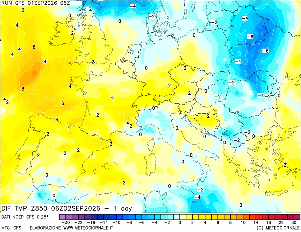 mappa 850 hPA Dif. Temp -24 ore