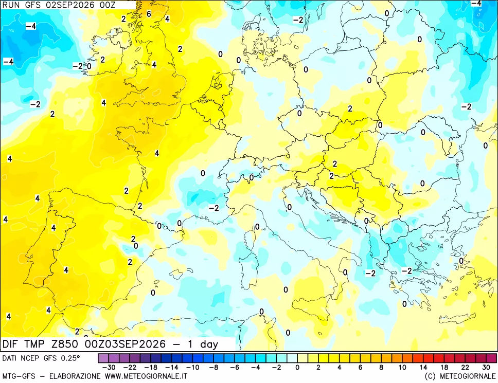 mappa 850 hPA Dif. Temp -24 ore