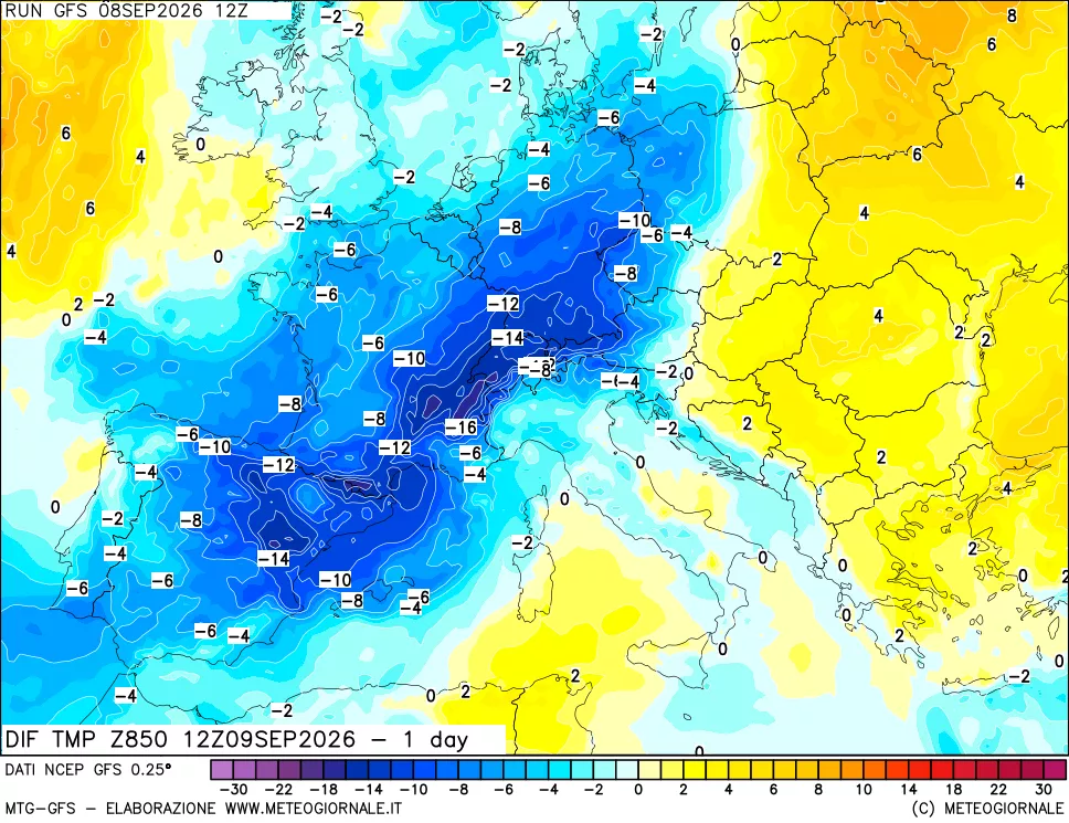 mappa 850 hPA Dif. Temp -24 ore