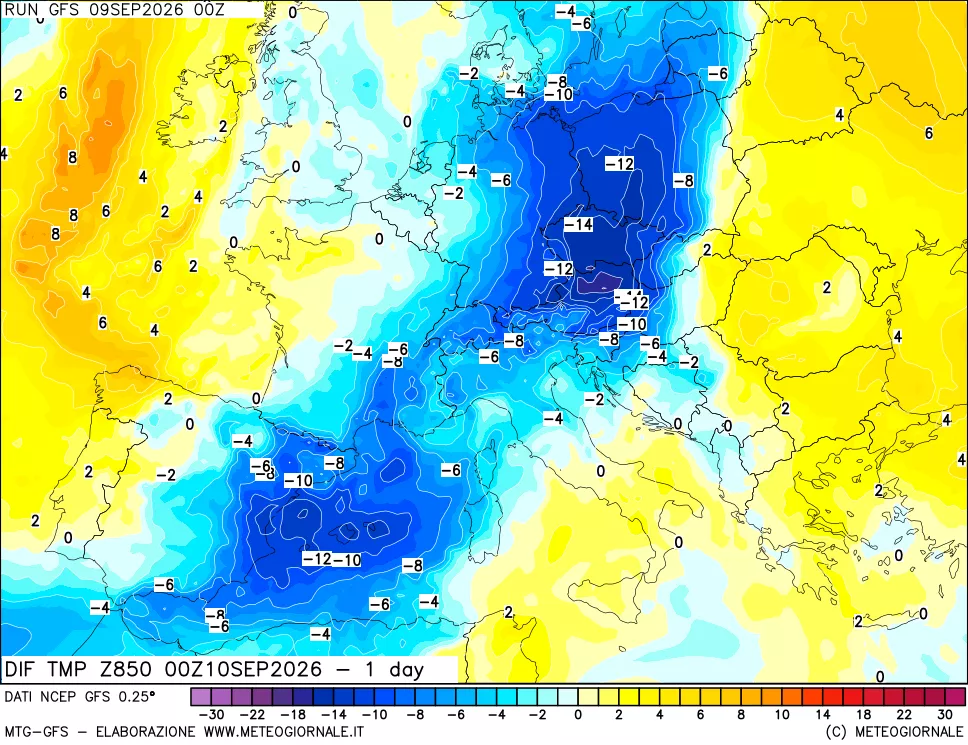 mappa 850 hPA Dif. Temp -24 ore