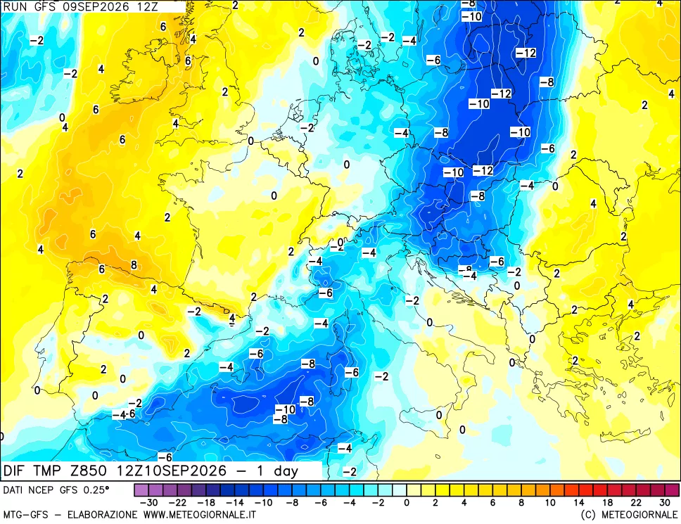 mappa 850 hPA Dif. Temp -24 ore