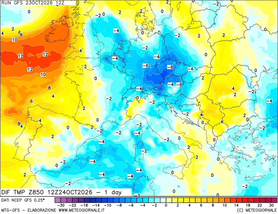 mappa 850 hPA Dif. Temp -24 ore