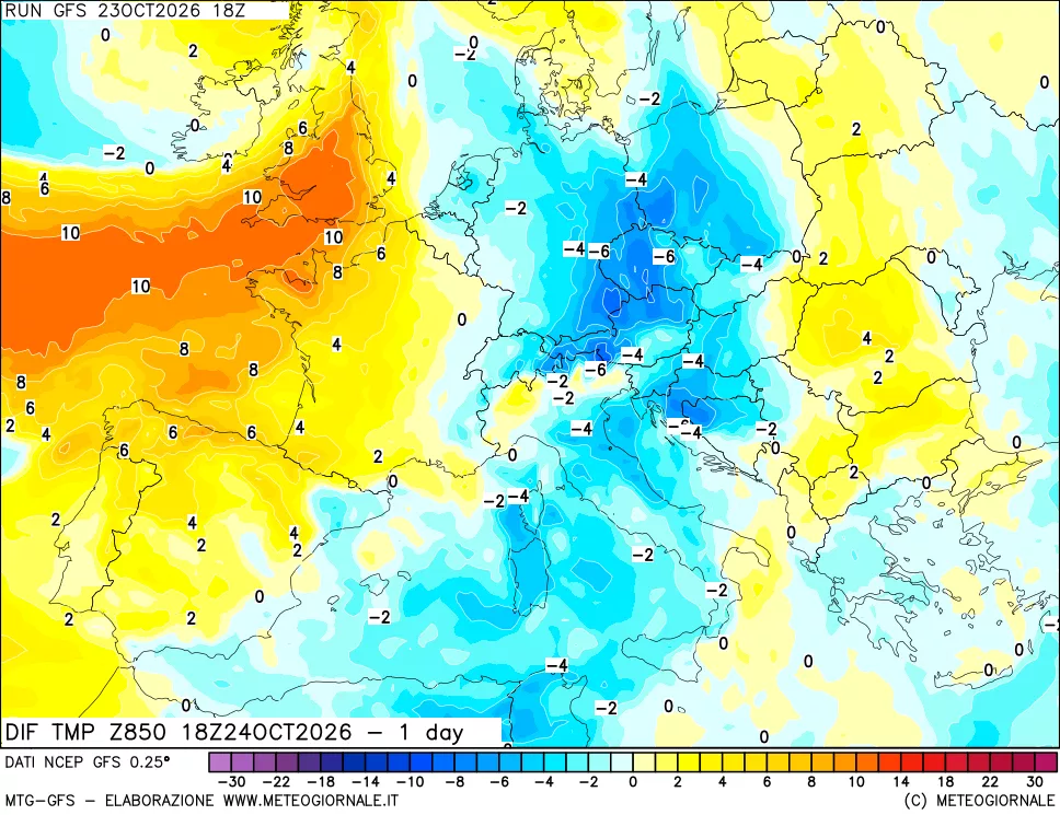 mappa 850 hPA Dif. Temp -24 ore