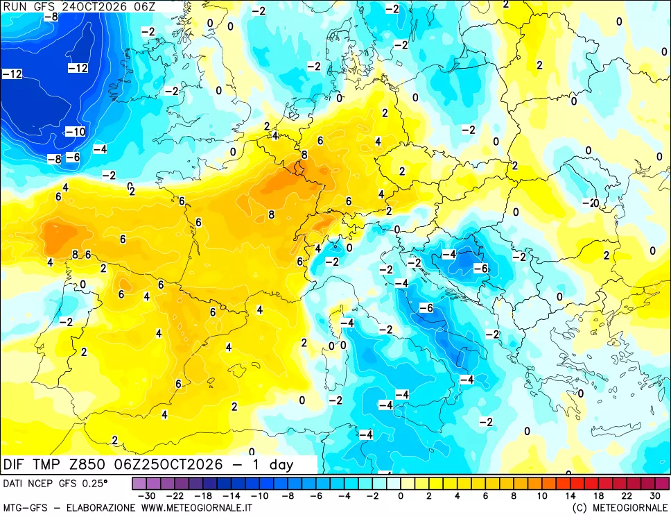 mappa 850 hPA Dif. Temp -24 ore