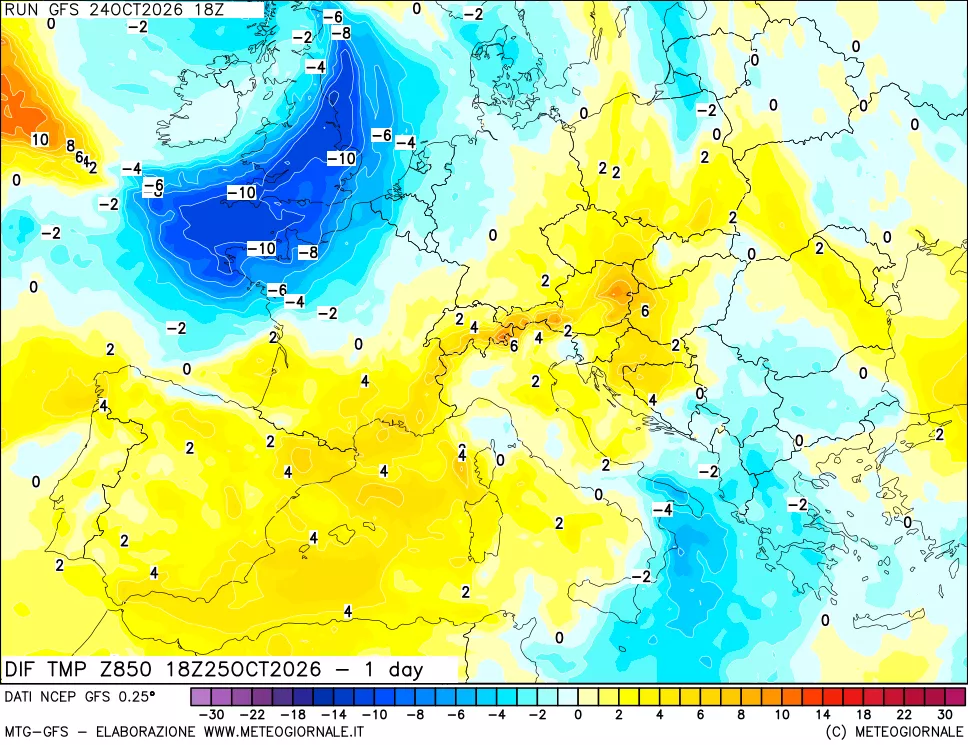 mappa 850 hPA Dif. Temp -24 ore