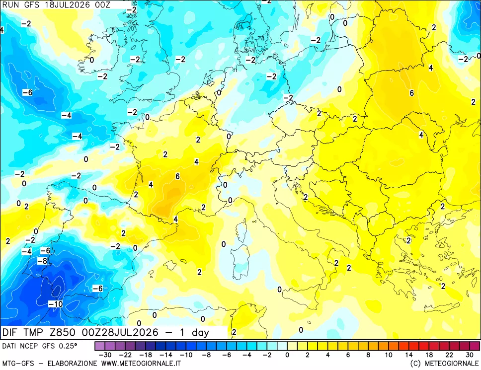 mappa Dif. Temp a 850 hPa Valid - 1 day