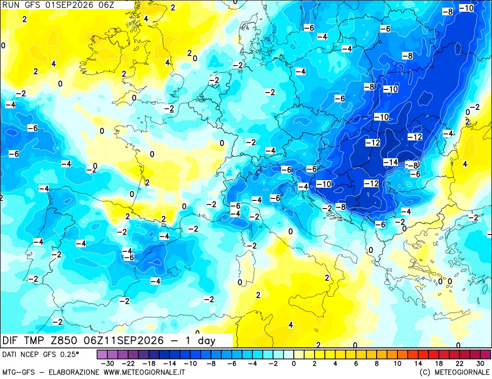 mappa Dif. Temp a 850 hPa Valid - 1 day