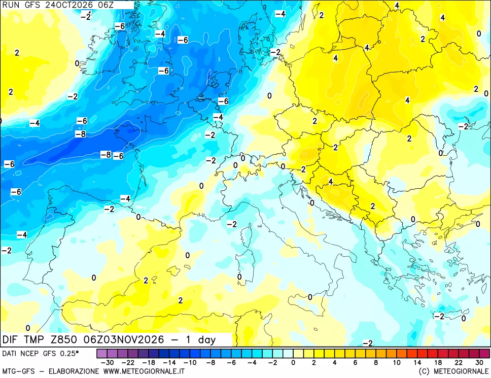 mappa Dif. Temp a 850 hPa Valid - 1 day
