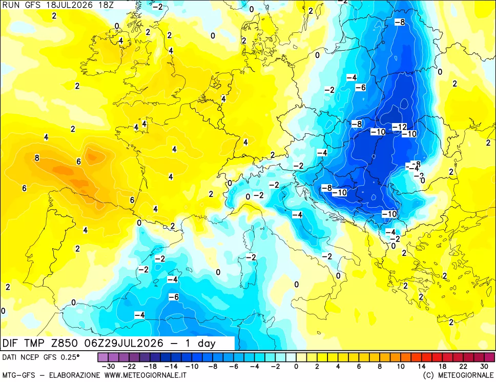 mappa Dif. Temp a 850 hPa Valid - 1 day
