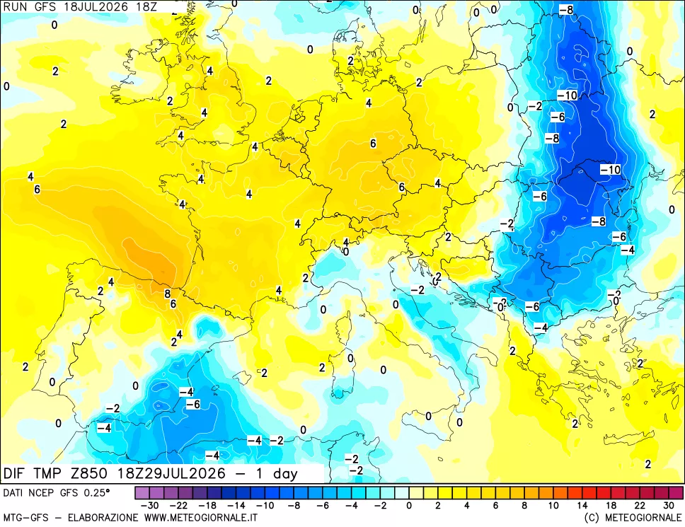 mappa Dif. Temp a 850 hPa Valid - 1 day