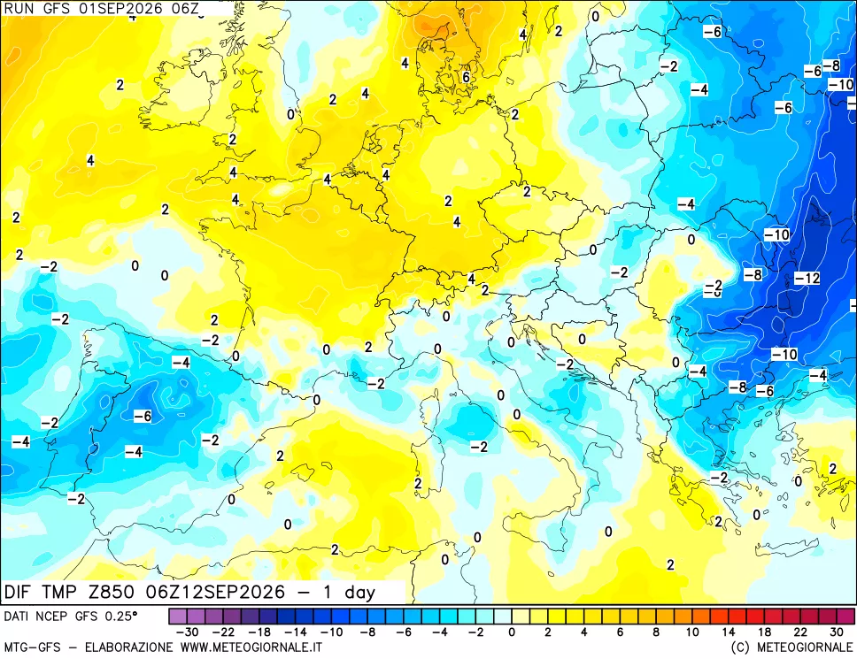 mappa 850 hPA Dif. Temp -24 ore