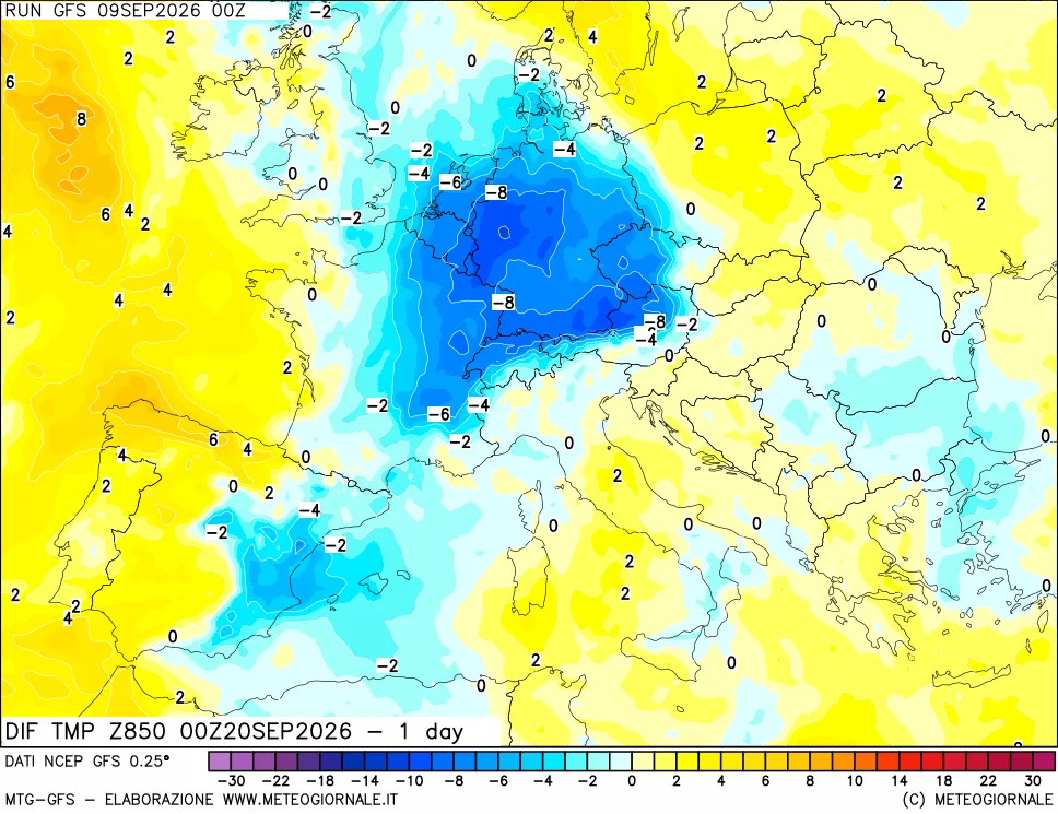 mappa 850 hPA Dif. Temp -24 ore