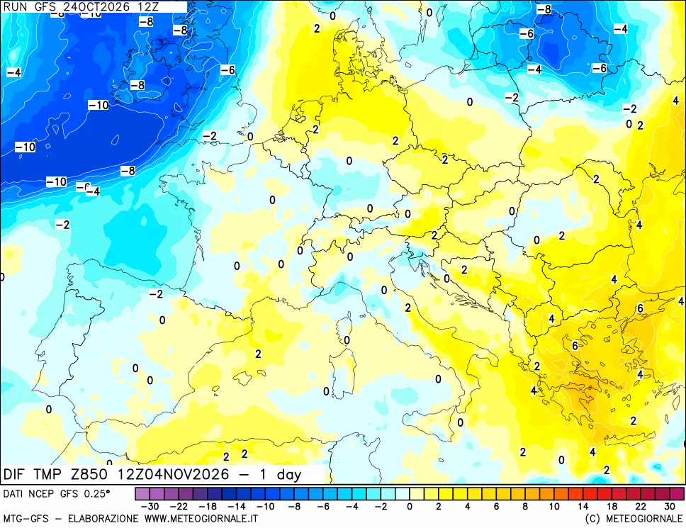 mappa Dif. Temp a 850 hPa Valid - 1 day