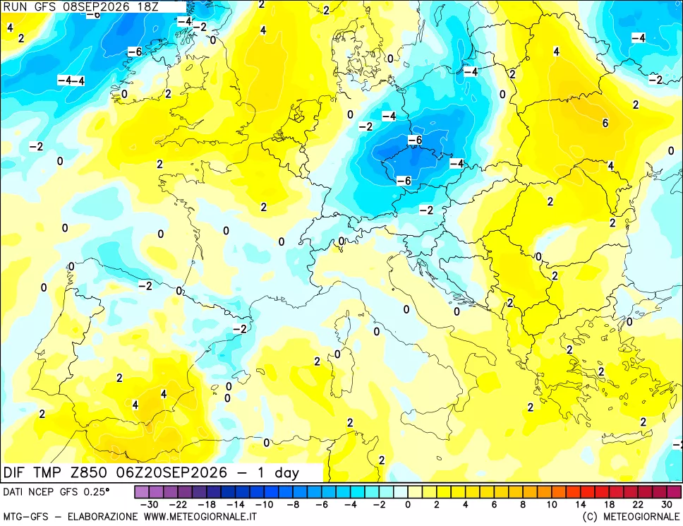 mappa Dif. Temp a 850 hPa Valid - 1 day