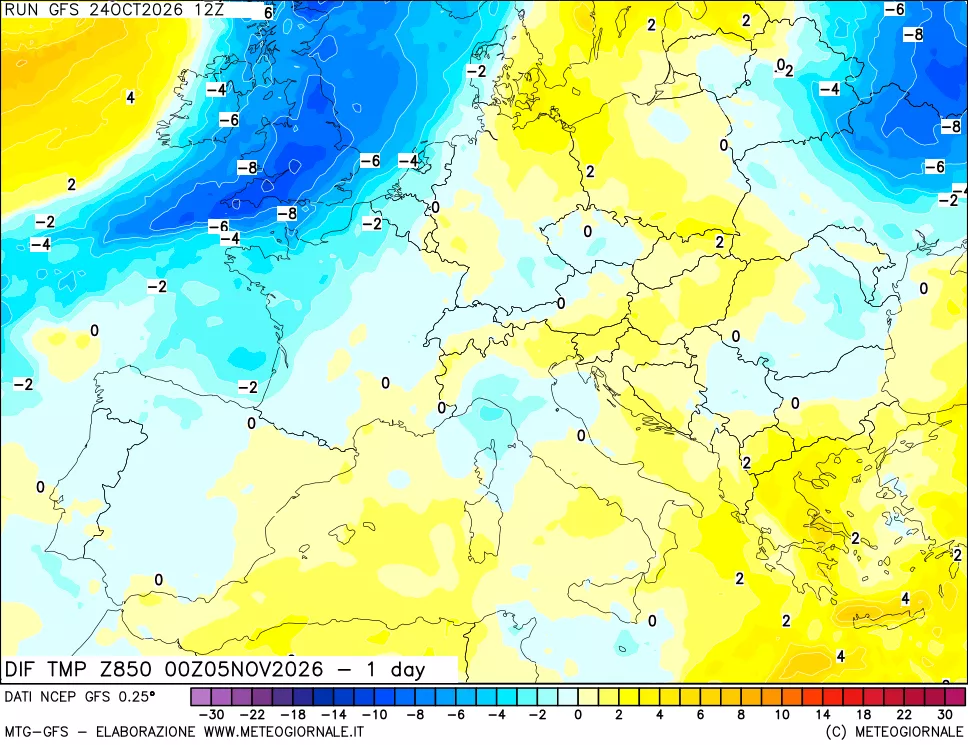 mappa Dif. Temp a 850 hPa Valid - 1 day