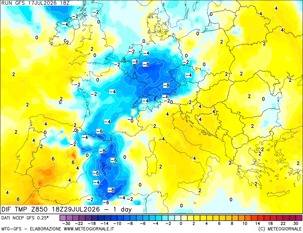 mappa Dif. Temp a 850 hPa Valid - 1 day