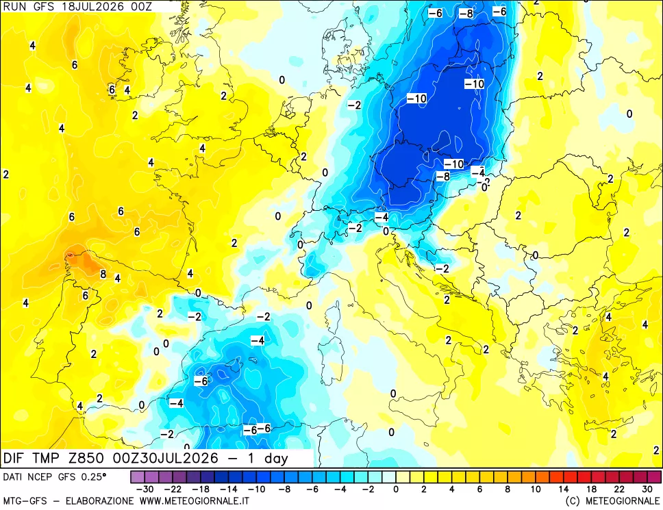 mappa Dif. Temp a 850 hPa Valid - 1 day