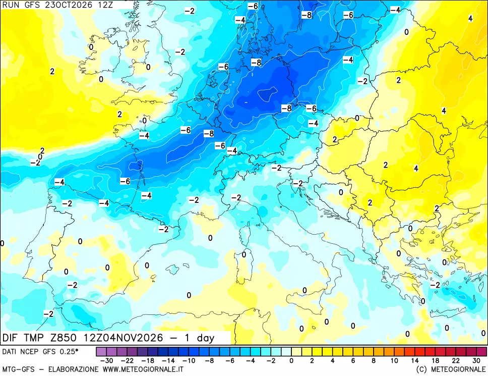 mappa 850 hPA Dif. Temp -24 ore