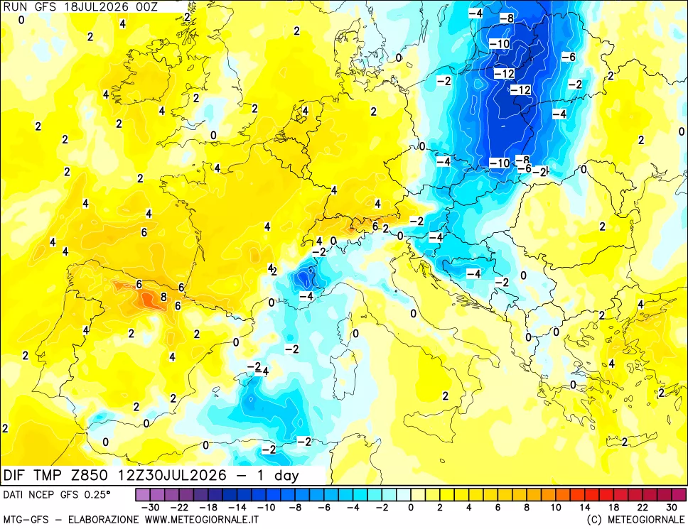 mappa 850 hPA Dif. Temp -24 ore