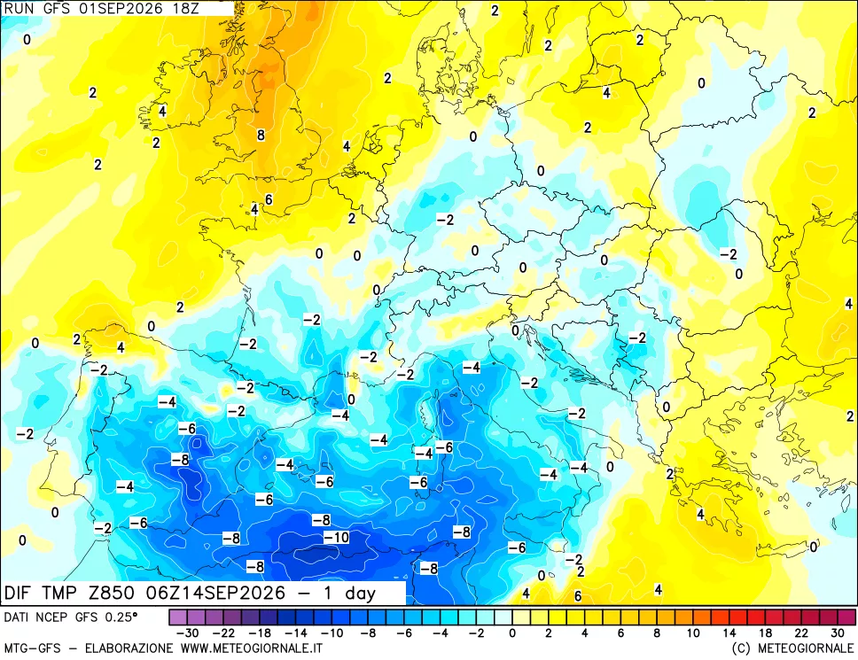 mappa Dif. Temp a 850 hPa Valid - 1 day