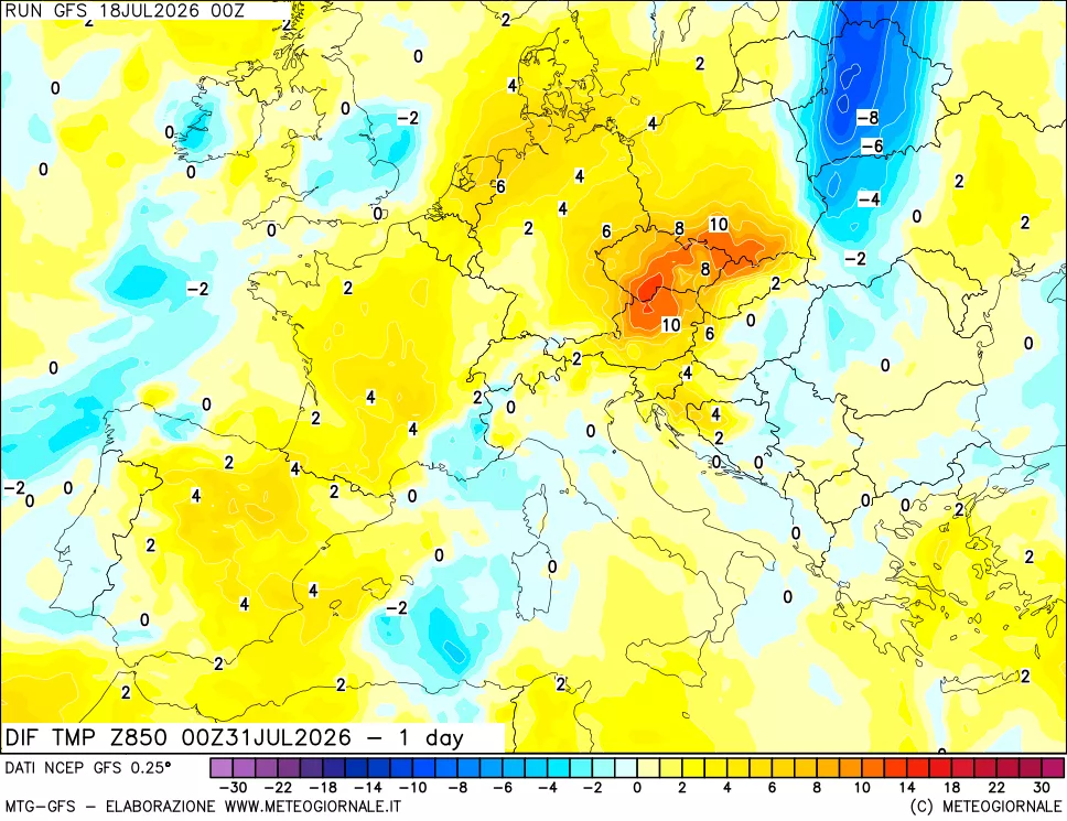 mappa Dif. Temp a 850 hPa Valid - 1 day