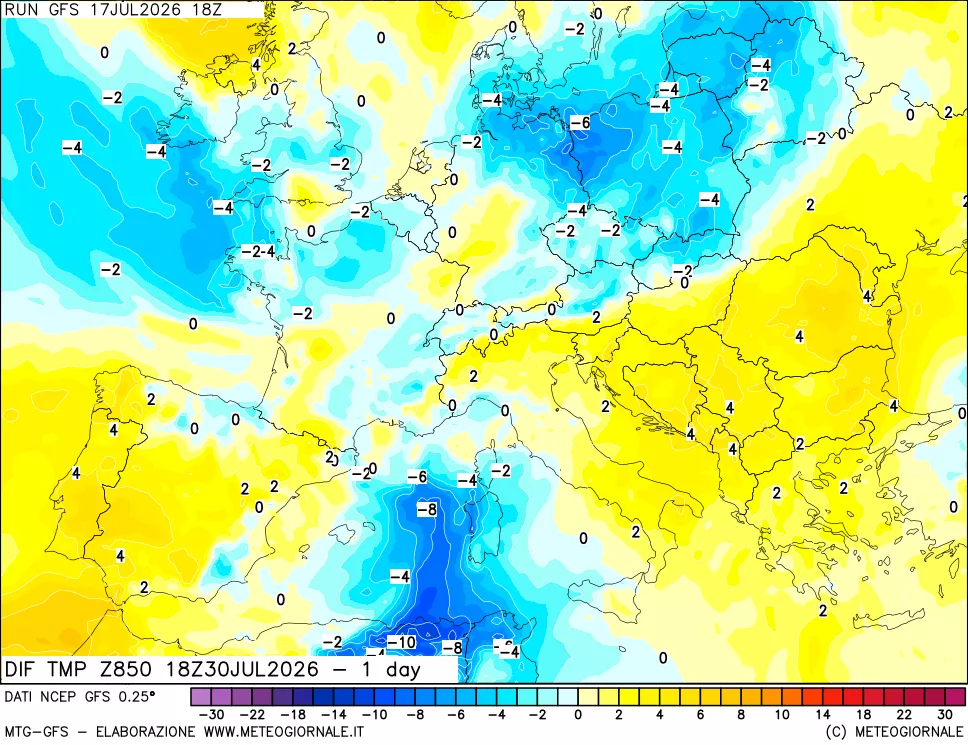 mappa 850 hPA Dif. Temp -24 ore
