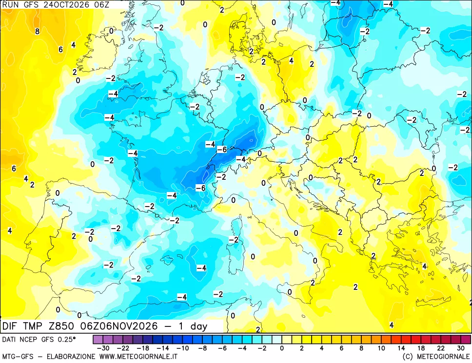 mappa Dif. Temp a 850 hPa Valid - 1 day