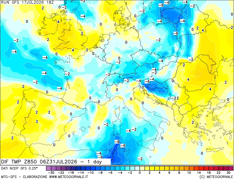 mappa Dif. Temp a 850 hPa Valid - 1 day