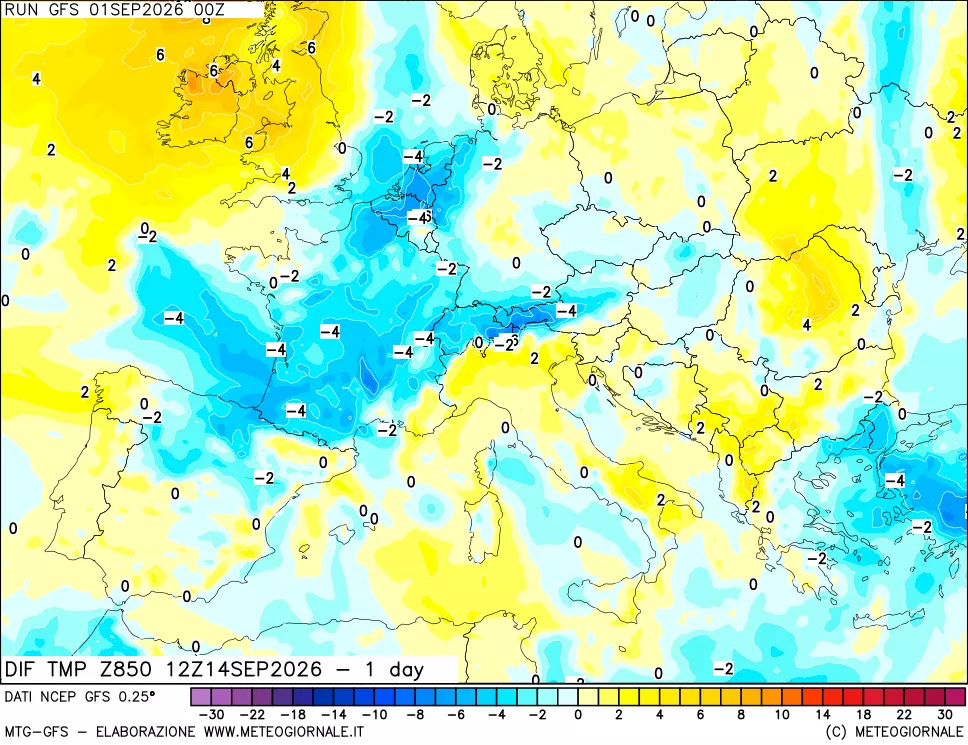 mappa 850 hPA Dif. Temp -24 ore
