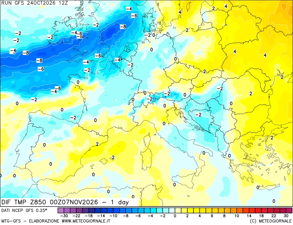mappa Dif. Temp a 850 hPa Valid - 1 day