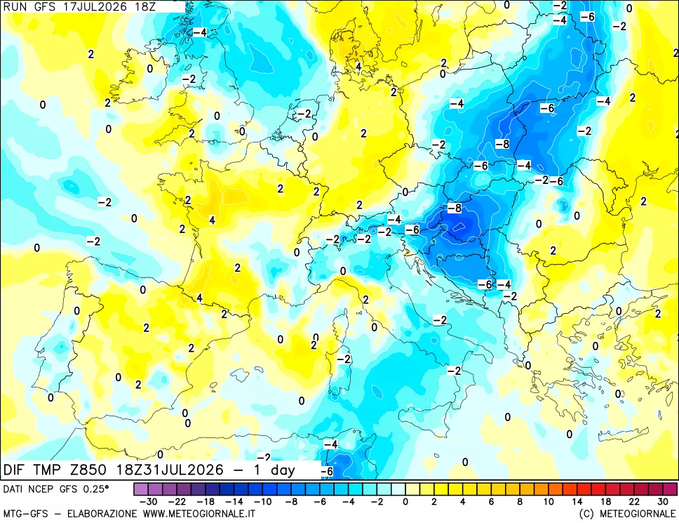 mappa 850 hPA Dif. Temp -24 ore