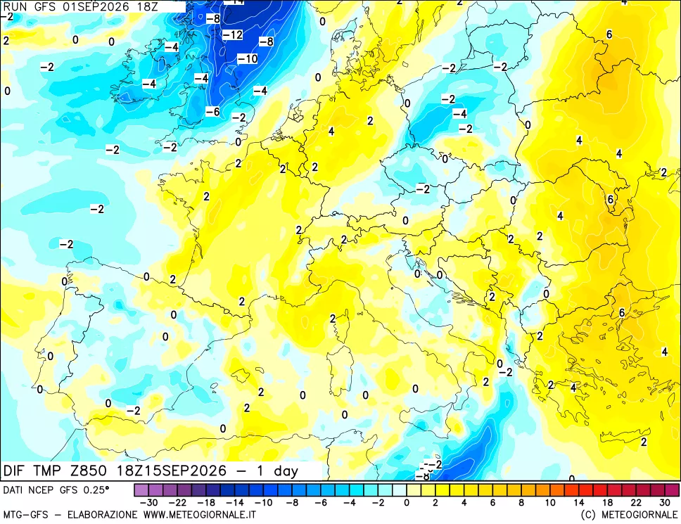mappa Dif. Temp a 850 hPa Valid - 1 day