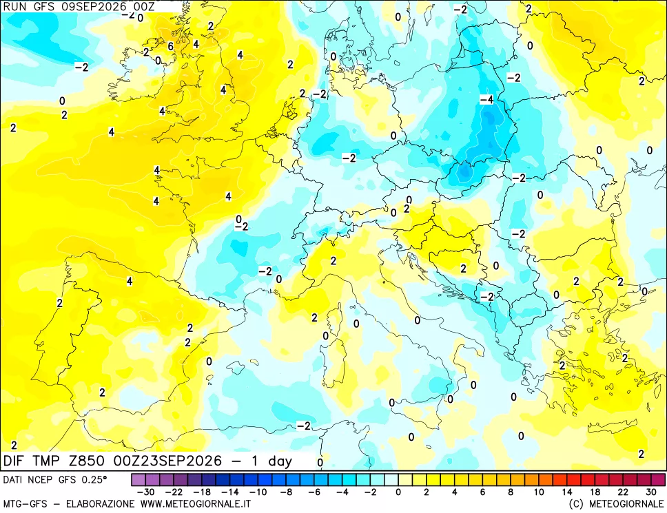 mappa Dif. Temp a 850 hPa Valid - 1 day